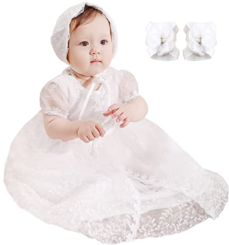 DPKM Baby flicka dopklänning 3-delat småbarn broderat dop formella kläder outfit för fest bröllop, vit, 4 stycken, 0–6 månader, Vit, 4 stycken, 0-6 månader