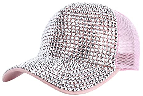 IXITON Summer Bling Shiny Rhinestones Visor Cap mesh Breathable hat Sparkle Adjustable Baseball Cap for Women Girl (Pink-Cap&Silver-Rhinestones)