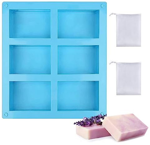 6-Teilig Seifenform, SIlikonform Rechteckig, Handgefertigte Seifenform mit 2 Schäumendes Netz, für Seife DIY Formen