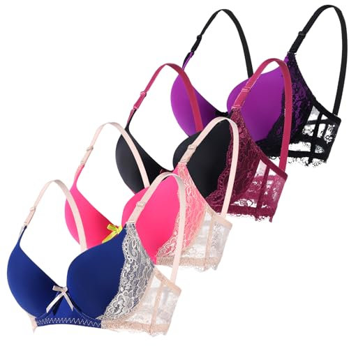 YooMee Push Up Bra for Women,Lace Bras with Underwire Cups,Comfort Padded T-Shirt Bra Add One Cup, Yz07 Beige Pink Purple Black 4pack, D