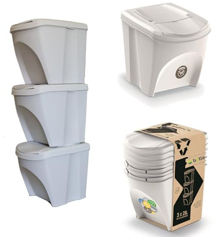 botle Juego de 3 cubos de basura con sistema de separación de basura, juego de 3 cubos de basura de 25 l en color blanco ceniza color para apilar, compacto, modular y ligero, fácil clasificación de