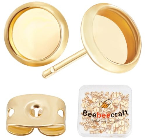 Beebeecraft 1 Box 50 Stück 6mm Ohrring Einfassungen Edelstahl Ohrringe Rohlinge 0,8mm Pin Gold Ohrring Lünette Und 50 Stück Ohrmuttern Für Die Herstellung