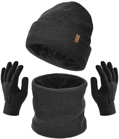 FURTALK Unisex Winter Beanie Mütze Schal und Handschuhe im 3er-Set Herren Damen Wintermütze Winterschal Touchscreen Handschuhe mit weiches Fleecefutter