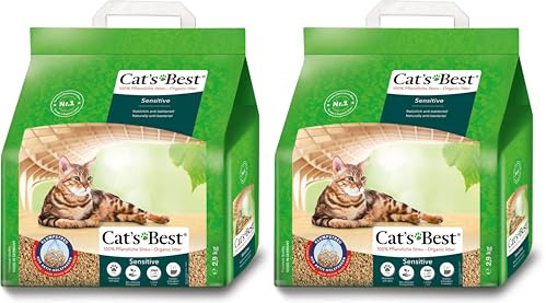 Cat's Best Sensitive, 100% pflanzliche Katzenstreu, fest klumpend und antibakteriell aus veredelten Aktiv-Holzfasern – speziell für empfindliche Katzen, 2,9 kg/8 l (Packung mit 2)