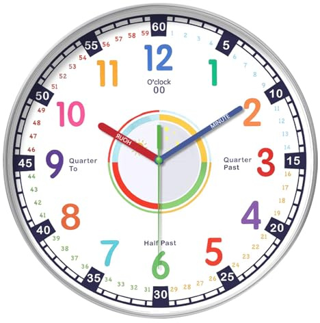 Ulsam Kids Wall Clock for Bedroom, 10 Inch Silent Non-Ticking Learning Wall Clock for Kids, Early Childhood Learning Clock, Children Educational Time Teaching Clock for Bedroom Classroom Living Room