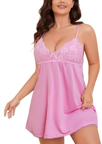 LADI TREND Babydoll sexy chemise lingerie biancheria da notte sonno morbido cinturino spaghetti pizzo prosciutto camicia da notte per donna taglie forti con perizoma XL-7XL, P_rosa, 7XL