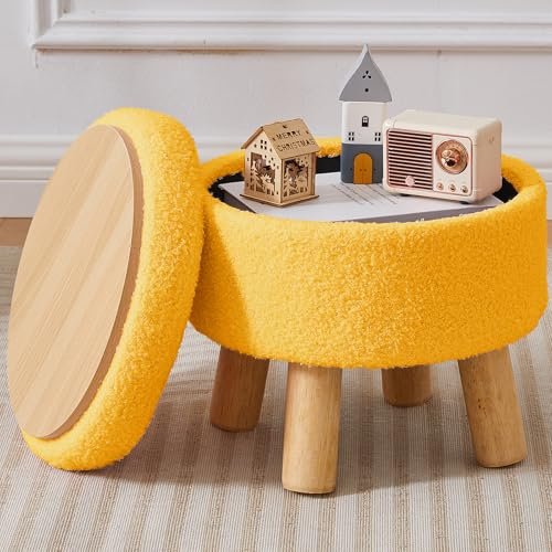 BRIAN & DANY Fußhocker mit Stauraum, Kleiner Stauraum, Ottomane, Teddy-Fleece Runder Hocker mit Deckel, Sherpa Fußhocker mit Beinen für Wohnzimmer Eingangsbereich, Gelb