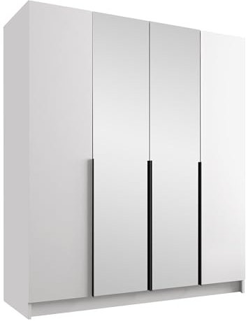 Mirjan24 Kleiderschrank mit Spiegel, Einlegeböden und Kleiderstange Salkor II, Vielseitiger Drehtürenschrank, Elegantes Kleiderschrank 4-türig (Weiß/Weiß + Schwarz)