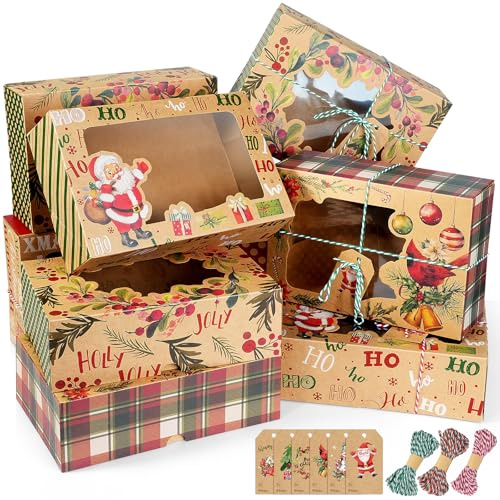 JOYELL 24 Weihnachts Keksboxen, große Weihnachts Kraftpapier Leckerli Boxen mit Etiketten und Bändern, 6 Stile, Urlaubs Plätzchen Boxen zum Verschenken, Weihnachts Keksdosen mit Deckel für Kuchen
