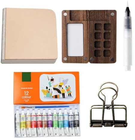 Cymwer Tragbare Palette, Taschen-Künstler-Aquarell-Reiseset, Reise-Farbpalette aus Holz, Aquarell-Skizzenbuch-Set mit Clip, Aquarellstift, Geschenk for Maler und Künstler