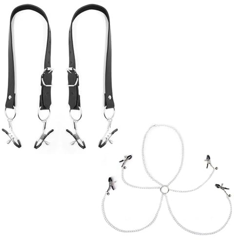 AMZII 4-IN-1 Nippelklemmen Brustwarzen + 2 Schamlippenspreizer Einstellbar | Klitoris Clip mit Kette Glöckchen Choker Halsband,Nipple Clamps Klitoris Stimulator für Sie,Sex Spielzeug für die Paare