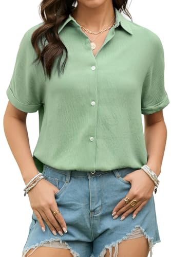 Stamain Camisas Verano Mujer Verde Blusa Mujer Manga Corta Informales Camisas con Botones Cuello en V Elegantes Moda Trabajo de Oficina S