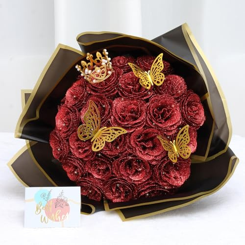 Dremisland Glitter Roses Bouquet 26 Pack DIY Glitter Flowers Bouquet Shiny Artificial Red Rose Bouquet with Crown Butterfly for Mothers Day, Anniversary, Engagement, Birthday,Wedding,Graduation Gifts