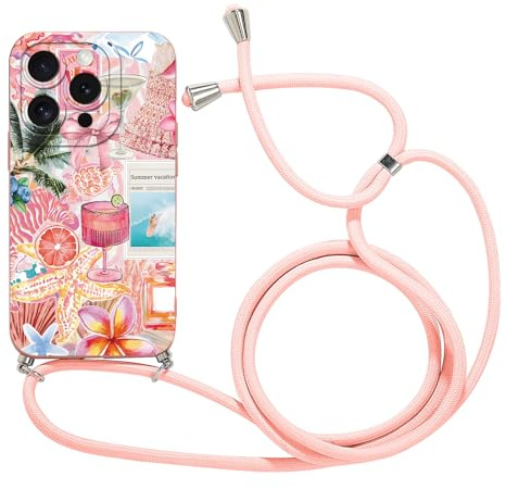 Foonary Fodral för iPhone 15 med dragsko, söt estetisk blomma hibiskus sommar färgglada mönster justerbart halsband skydd, silikonfodral med rep snoddskydd för iPhone 15 6,1 tum, fluga