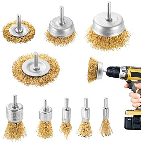 DazSpirit Wire Brush for Drill Set, 9Pcs Cup, Wheel & End Brush Kit with 1/4” Shank, Brass Coated Drill Brush Attachments for Rust Removal, Stripping, and Abrasive