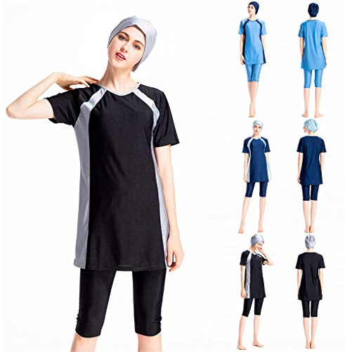 Modaworld Damen Muslim Bademode Modest Tankini Islamisch Kurzärm Schwimmoberteile+Schwimmhose+Hijab 3tlg Ganzkörper Schwimmanzug