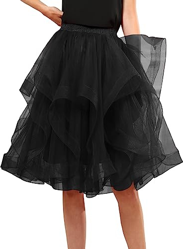 DRESSTELLS Black Tulle Skirts for Women, A Line Elastic Waist Tiered Layered Puffy Midi Tutu Skirt, Long Fluffy Halloween Party Skirt Black L