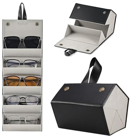 CHSEROK 5 Fach Brillenaufbewahrung Mehrere Brillen, Faltbar Brillenaufbewahrung Mehrere Brillen, Brillenbox | Schwarzes Leder zur Aufbewahrung von Brillen und Sonnenbrillen