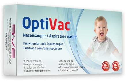 OptiVac Nasensauger Baby für Staubsauger – klinisch getestet & sanft – hygienischer Nasensekretsauger für Neugeborene & Kleinkinder – inkl. 2 BPA-freie Aufsätze & Reinigungsbürste