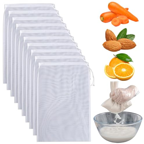 10 Piezas Bolsa Colador De Malla Fina,Colador De Tela,Colador Tela,Cheese Cloth,Bolsa Para Escurrir Verduras,Bolsas Coladoras De Malla para Bebida Vegetal, Zumos Batidos de Frutas Verduras