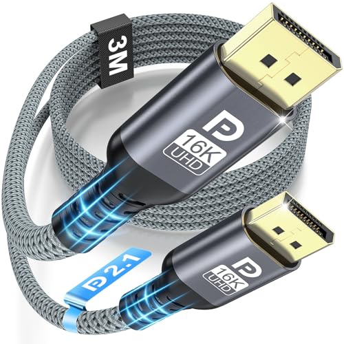 NORSHY Câble Displayport 2.1 16K, Câble DP 3M 16K@60Hz, 8K@120Hz, 4K@240Hz/165Hz/144Hz 80Gbps,HDR,FreeSync,G-Sync,DSC 1.2a,HDCP 2.3 pour Gaming PS5 Écran PC HDTV Carte Graphique Moniteur HDTV