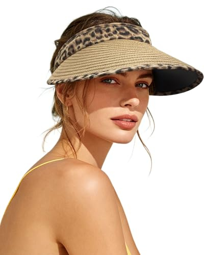 Clakllie Leopard Print Women's Straw Visor Summer Sun Hat Packable Wide Brim Beach Hat Large UV Protective Golf Tennis Cap
