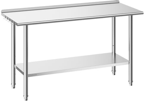 VEVOR Tavolo da Lavoro per Cucina in Acciaio Inox, Tavolo di Preparazione da Cucina 152,4 x 61 cm Isola Centrale per Catering Bar Hotel Ristorante Banchetti Banco da 2 Ripiani con Alzatina Senza Ruote
