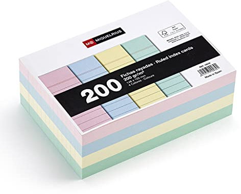 Miquelrius – Karteikarten, Lernkarten, 200 Notizkarten, horizontal liniert, A6-Format, 105 x 148 mm, 200 g/m² Offset-Kartenpapier, Pastellfarben