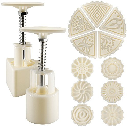 Senhai 2 Sets Mooncake Mould Press 50g mit 11 Briefmarken, Blumen und Dreieck Form Dekoration Werkzeuge für Backen DIY Cookie - Weiß
