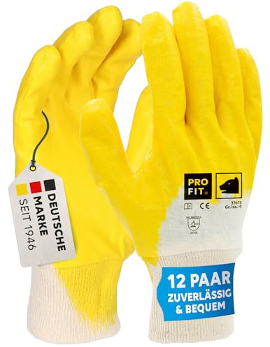 PRO FIT Nitril-Handschuh 12 Paar – Arbeitshandschuhe, Mechaniker-Handschuh, Schutzhandschuhe, Gartenhandschuhe ¾ beschichtet, Montagehandschuhe - Gelb, Gr. 10