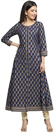 Yash Gallery Kurta Anarkali con Estampado Dorado de algodón para Mujer, Azul, M