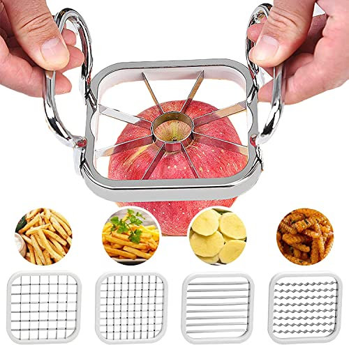 LWZko 5 En 1 Cortador Manzanas, Cortador de Verdura, Cortador de Patatas, Cortador de Frutas, Acero Inoxidable Cortador Frutas con Mango para Hacer Bricolaje, Frutas, Verduras, Patatas (Plata)