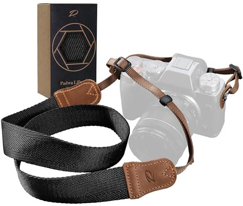 Padwa Lifestyle Sangle Appareil Photo - Tête en cuir classique du Crazy Horse Art,Sangle D'appareil Photo en Coton Tissé de 1.5,Bandoulière Photographe Réglable Pour Tous Les Appareils Photo DSLR