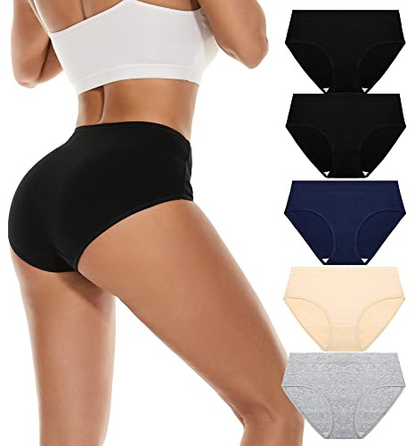 Damen Baumwolle Unterwäsche Mid Rise Full Coverage Weich Atmungsaktiv Stretchy Solid Brief Hipster Panties für Frauen (5er-Pack), 2 x Schwarz, Blau, Aprikose, Grau, XX-Large