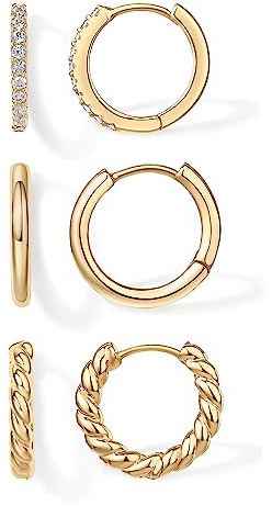 PAVOI 18K Yellow Gold Plated 925 Sterling Silver Posts 3 Pairs Small Hoop Earrings for Women - Cubic Zirconia Plain Rope Huggie Hoops Pack - Lightweight Earrings Set