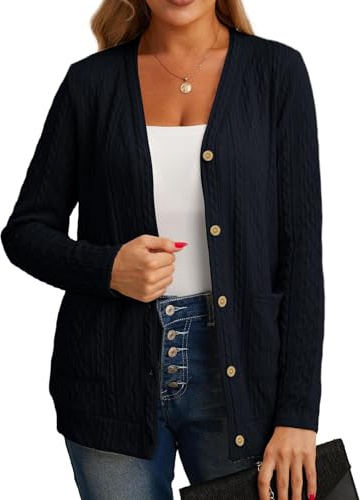 GRECERELLE Womens Cardigan Long Sleeve Lightweight Cardigans Button Down V Neck Ribbed Knit Outerwear Open Front Tops with Pocket for Ladies (Navy Blue, XXL)