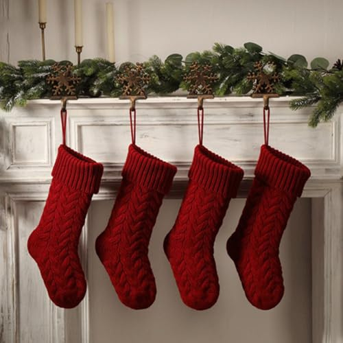 Hixingo Weihnachtsstrumpf Personalisiert 4er, 46cm Große Klassische Gestrickt Einfarbig Passend Nikolausstrumpf, Weihnachtssocken zum Aufhängen und Befüllen Kamin Weihnachtsbaum Deko (Rot)