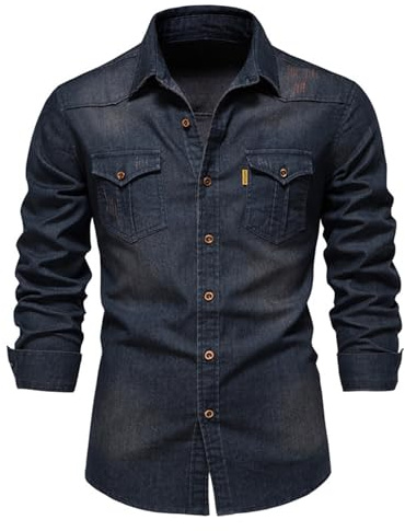 Btmpmcs Herrskjorta denim vardaglig klänning skjorta långärmad Oxford skjorta normal affärsskjorta tjock jeans skjorta arbetsskjorta med 2 fickor, marinblå, L