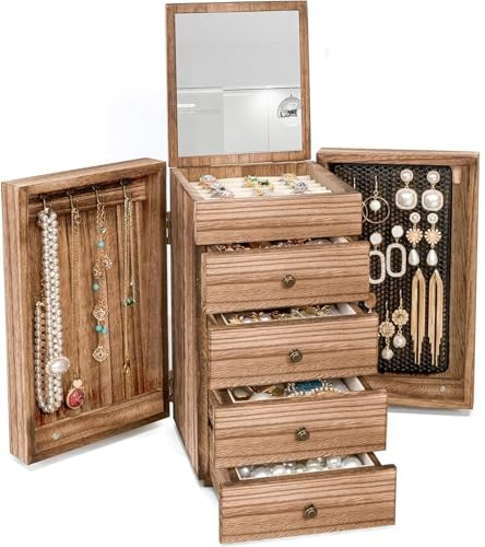 Schmuckkästchen für Damen 5 Ebenen, große Schmuckkasten mit 4 Schubladen, Schmuckbox mit Spiegel, Schmuckaufbewahrung für Ringe, Ohrringe, Halskette, Uhren, Armbänder