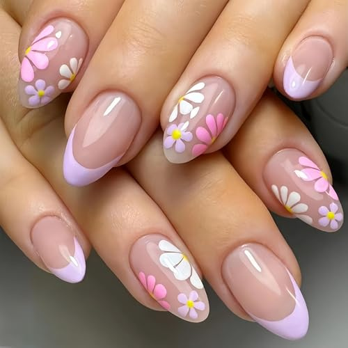 SXVME Floral French Tip Press on Nails Medium Almond, Cute White Lilac Flower False Nails Short Almond Glossy Fake Nails Press ons Full Cover Stick on Nail for Women Spring Manicure 24 Pcs