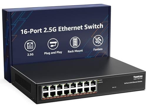 YuanLey Umanaged Ethernet-switch med 16 portar, 2,5 GB 16 x 2,5 G Base-T-portar, kompatibel med 100/1000/2 500 Mbps, metallfläktlös, stationär/rackmonterad YuanLey 2,5 Gigabit-nätverksswitch