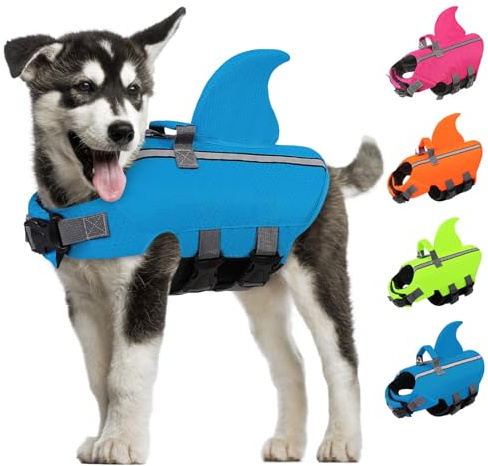 AOFITEE Hai Schwimmweste Hund Klein, Verstellbar XS Hundeschwimmweste Hai mit Rettungsgriff, Reflektierende Hunde Schwimmweste Hohe Flotation Dog Life Jacket Rettungsweste Kleine Hunde, Blau, XS