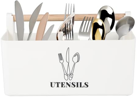 ZoeQide Organizador de utensilios de cocina con 8 compartimentos, organizador de plástico con mango de madera y separadores extraíbles, práctico ayudante de cocina para un almacenamiento ordenado en