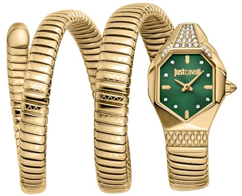 Just Cavalli Signature Snake Bernstein - Damen-Armbanduhr Quarz Mode Armband und Edelstahlgehäuse Farbe Gold Analoges Zifferblatt Grün - JC1L370M0035