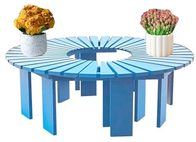 Trädbänk Runtom, Utomhusgård Fläktformade Träbänkar, For Uteplats Gräsmatta Trädgård Poolkant Innergård Park(Blue)