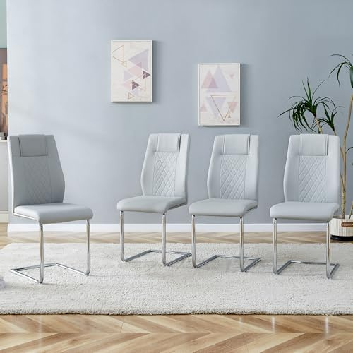 A ALFRESCOOL Juego de 4 sillas oscilantes, sillas de comedor de poliuretano y patas metálicas plateadas, silla de cocina con respaldo, diseño de costura de malla y pies antideslizantes, silla tapizada