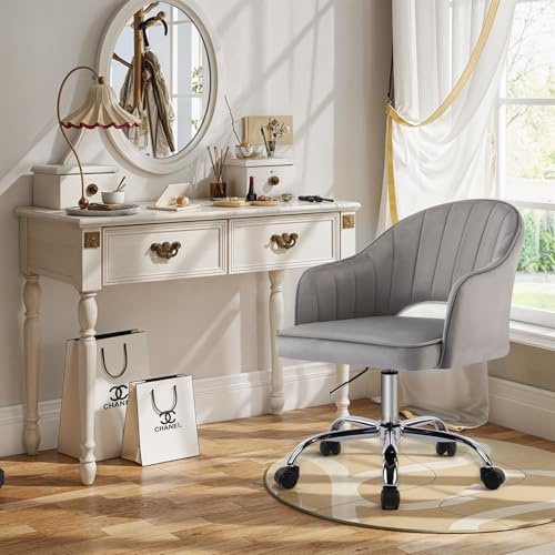 Fiximaster Schminkstuhl, Schminktisch Stuhl, SamtStuhl, Drehstuhl, U-förmiger Tiefsitz, Höhenverstellbar, Ergonomischer, für Arbeitszimmer, Schlafzimmer, bis 113 kg belastbar Grau