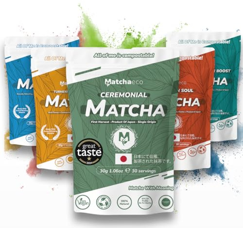 Matchaeco Mix & Matcha Variety Pack | Set of 5 Flavours – Mint, Turmeric, Cinnamon, Spirulina & Ceremonial Matcha | Japanese Green Tea Powder | 5 x 30g Compostable Pouches