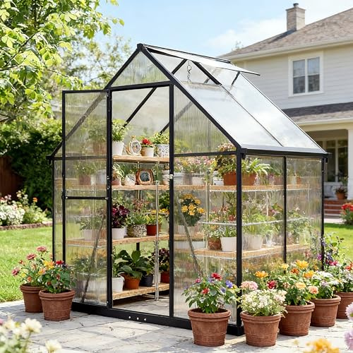 6 x 4ft Begehbares Polycarbonat-Gewächshaus, Außen-Garten-Pflanzenhaus mit Lüftung, verschließbarer Tür, Aluminiumrahmen