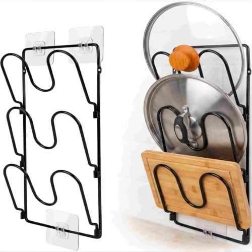 FAHAKO 2 Pack Pot Lid Organiser for Cabinet Door, No Drilling Adhesive | Black, 6-Tier Pot Lid Holders inside Cabinet, Wall Door Mounted Rustproof Pots and Pans Cover Organizers for Kitchen Storage